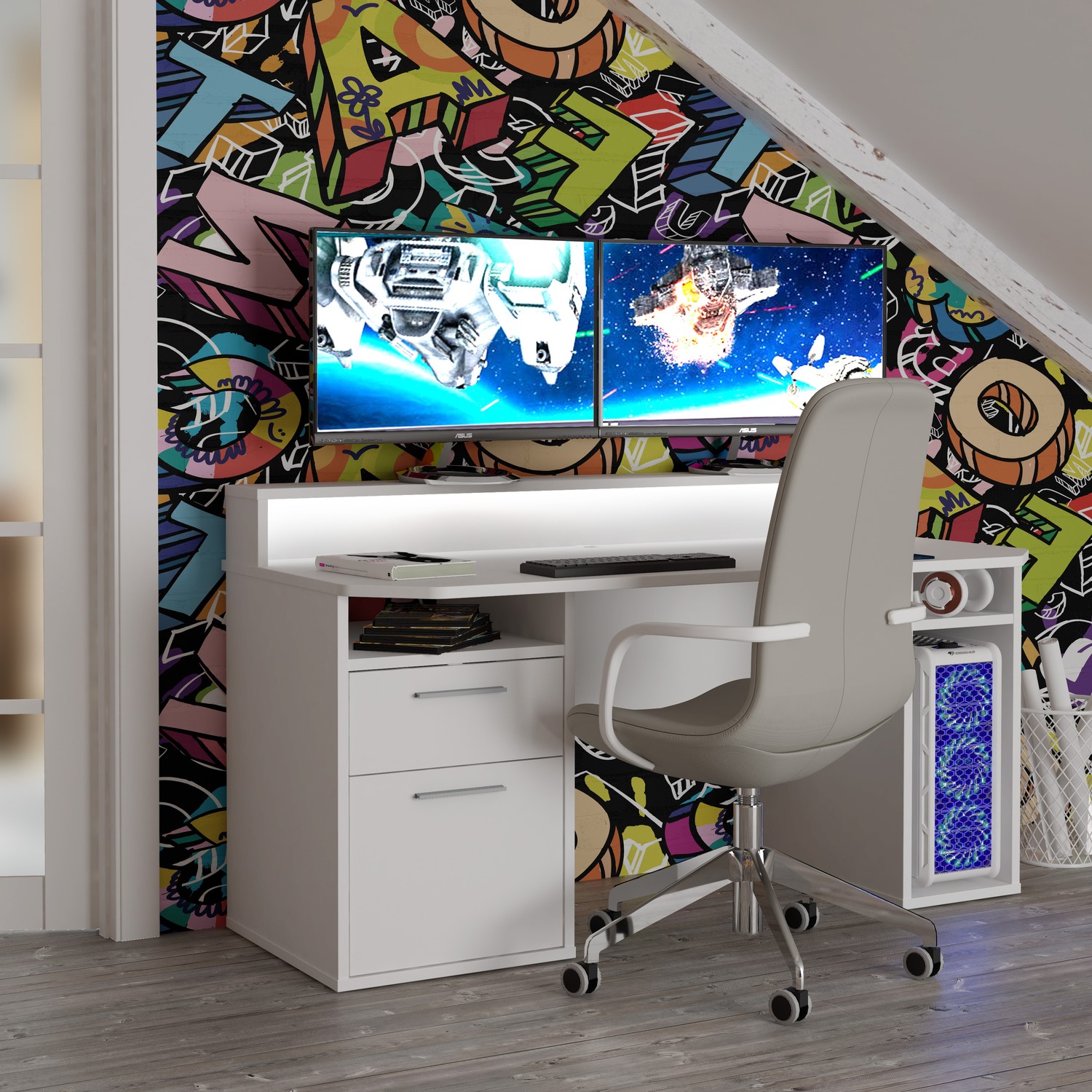 White Gaming Desk with Colour Changing LED - Tezaur - Furniture123
