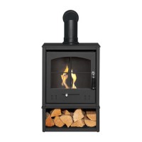 Adam Bio Ethanol Stove with Log Storage in Charcoal Grey with Angled Stove Pipe