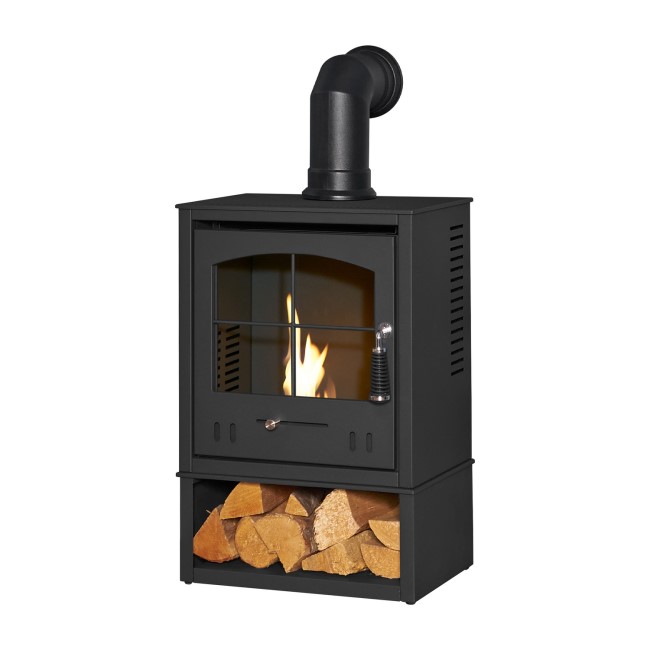 OKO S2 Bioethanol Stove with Log Storage in Charcoal Grey with Angled Stove Pipe