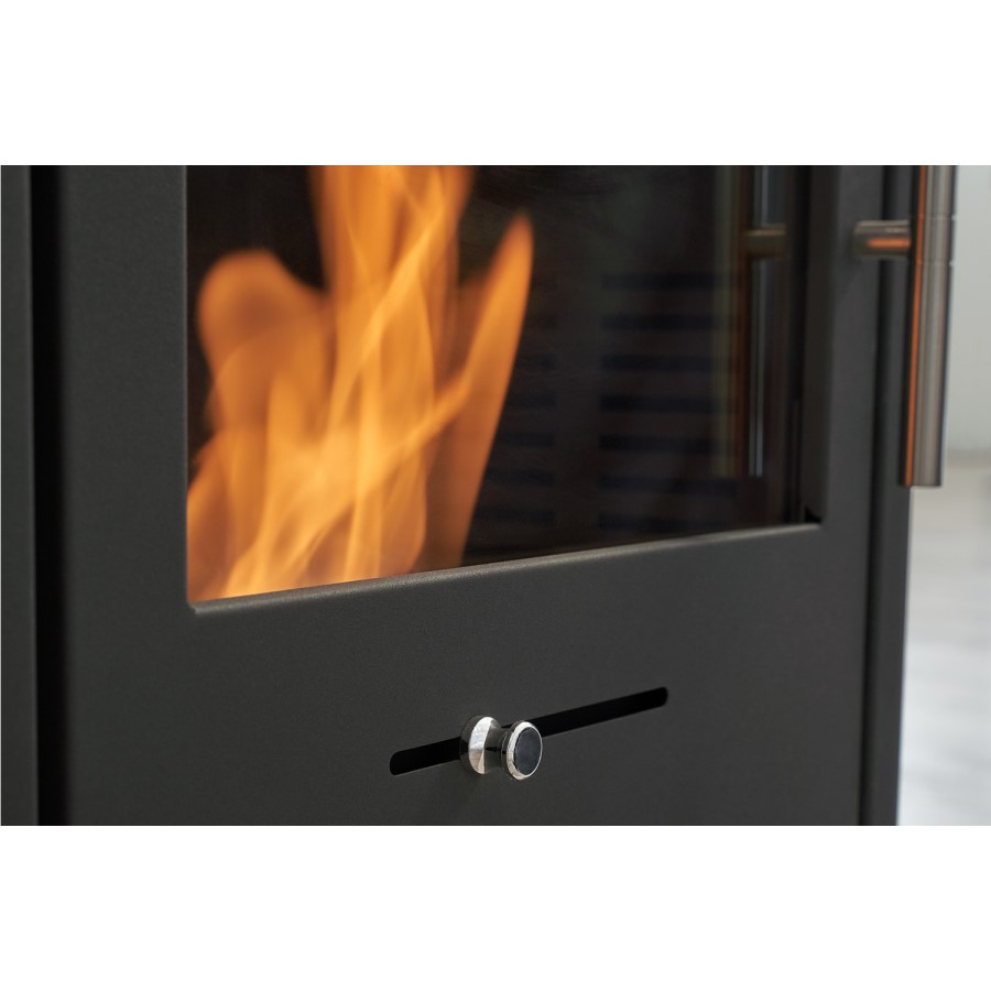 Acantha Tile & Hearth Set in Concrete Effect with OKO S1 Stove Log Store & Angled Pipe