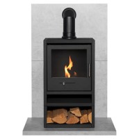 Acantha Tile & Hearth Set in Concrete Effect with OKO S1 Stove Log Store & Angled Pipe