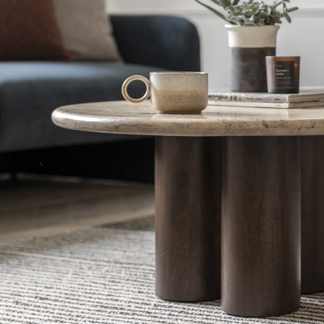 Round Travertine Coffee Table with Mango wood Legs - Trevi - Caspian House 