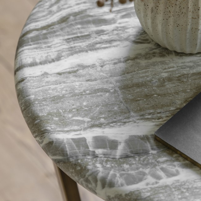 Marble Effect Green Round Side Table with Brass Legs - Lusso - Caspian House 