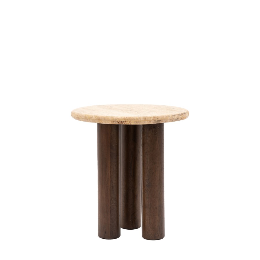 Round Travertine Side Table with Mango wood Legs - Trevi - Caspian House