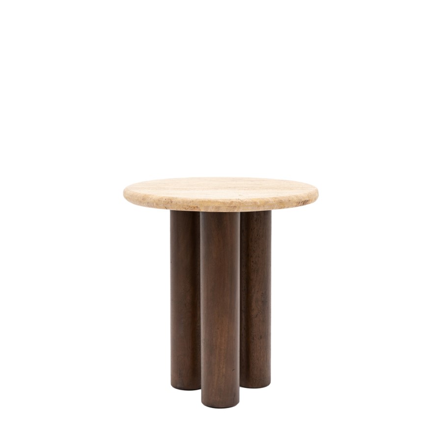 Round Travertine Side Table with Mango wood Legs - Trevi - Caspian House