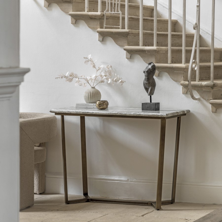 Marble Effect Green Round Console Table with Brass Legs - Lusso - Caspian House