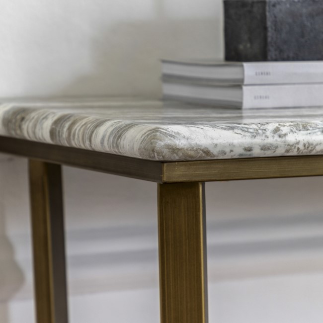 Marble Effect Green Round Console Table with Brass Legs - Lusso - Caspian House 