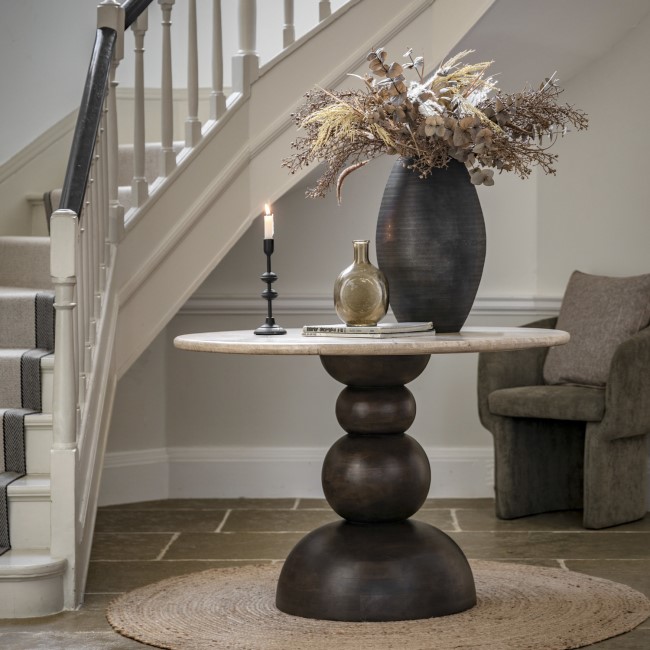 Mango Wood Dining Table With Travertine Top Seats 4  - Scuplt - Caspian House