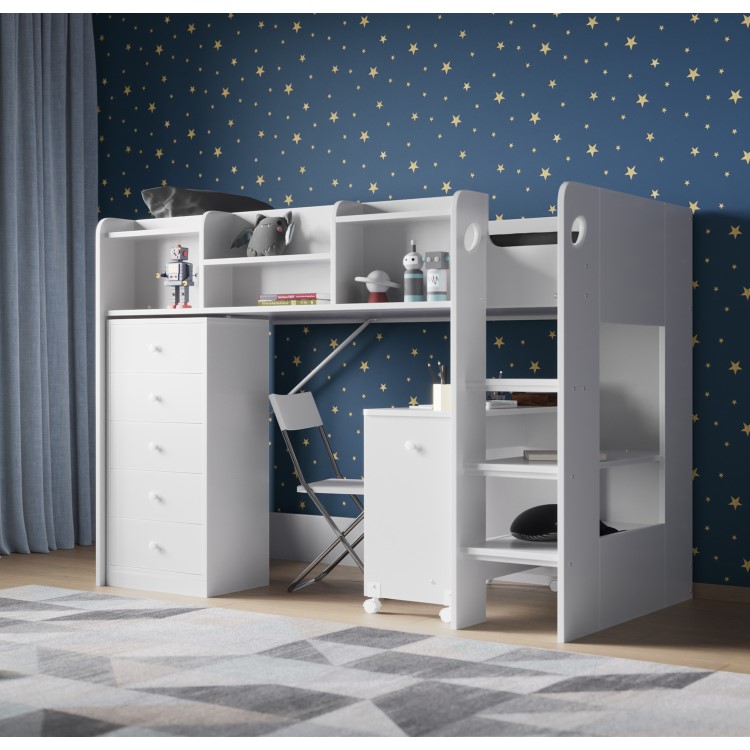 Junior High Sleeper Bed with Desk and Storage in White - Wizard - Flair