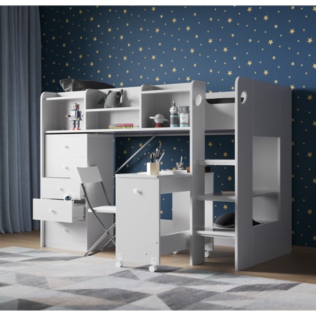 Junior High Sleeper Bed with Desk and Storage in White - Wizard - Flair