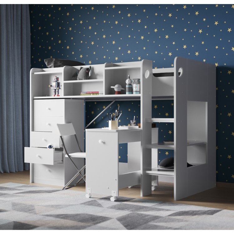 Junior High Sleeper Bed with Desk and Storage in White - Wizard - Flair