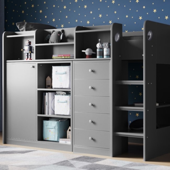 Junior High Sleeper Bed with Wardrobe Storage in Grey - Wizard - Flair