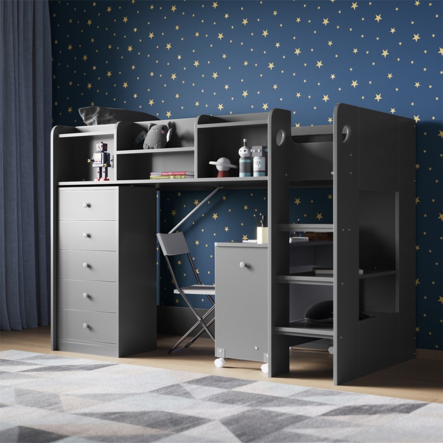 Junior High Sleeper Bed with Desk and Storage in Grey - Wizard - Flair
