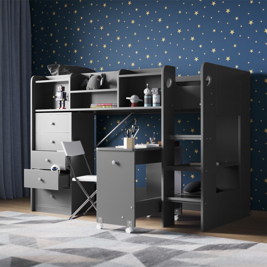 Junior High Sleeper Bed with Desk and Storage in Grey - Wizard - Flair