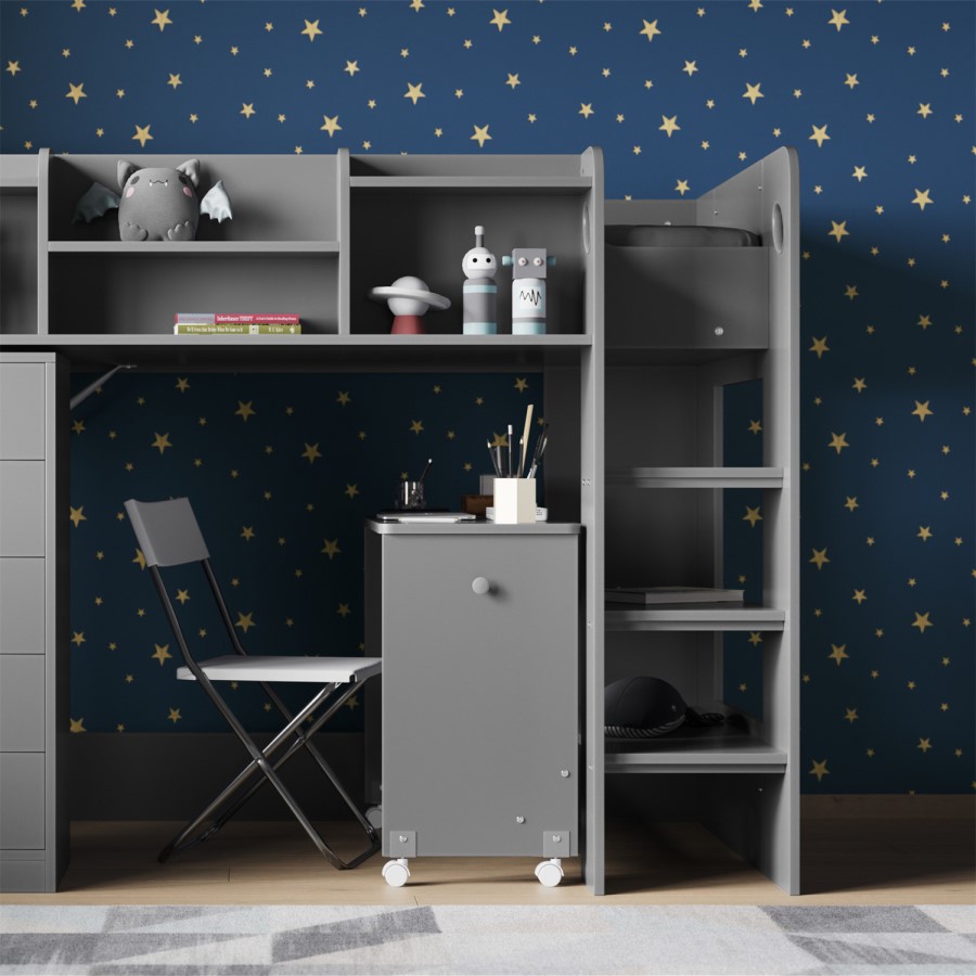 Junior High Sleeper Bed with Desk and Storage in Grey - Wizard - Flair