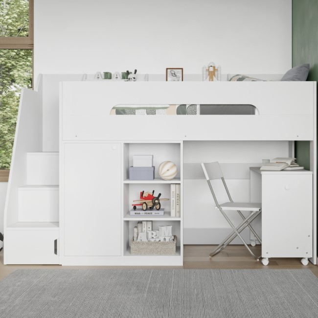 High Sleeper Bed with Desk Wardrobe Storage and Stairs in White - Stepaside - Flair