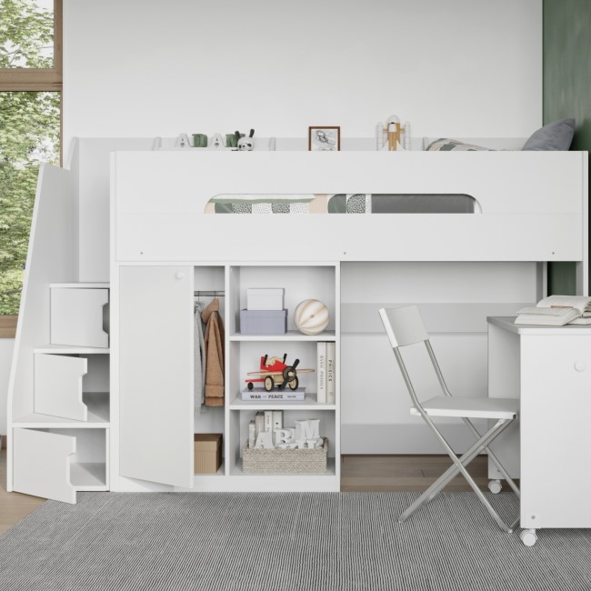 High Sleeper Bed with Desk Wardrobe Storage and Stairs in White - Stepaside - Flair