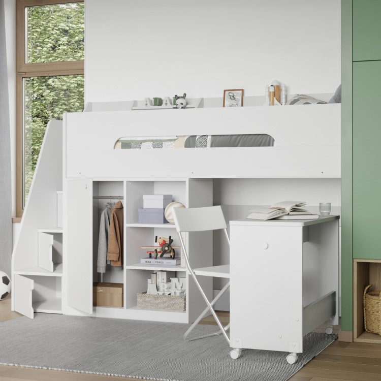 High Sleeper Bed with Desk Wardrobe Storage and Stairs in White - Stepaside - Flair