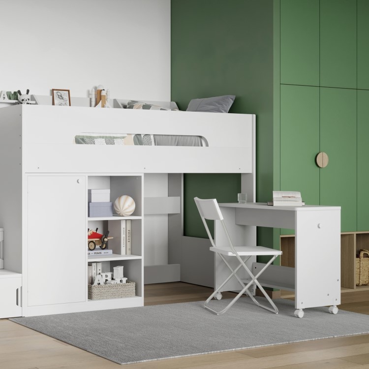 High Sleeper Bed with Desk Wardrobe Storage and Stairs in White - Stepaside - Flair