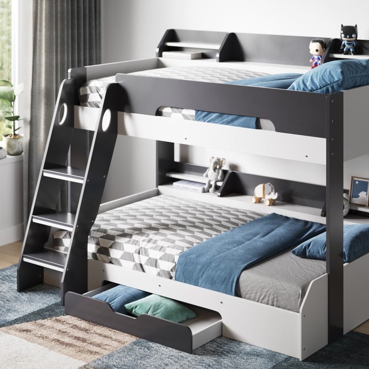 Grey Triple Sleeper Bunk Bed With Storage Drawer - Flick - Flair