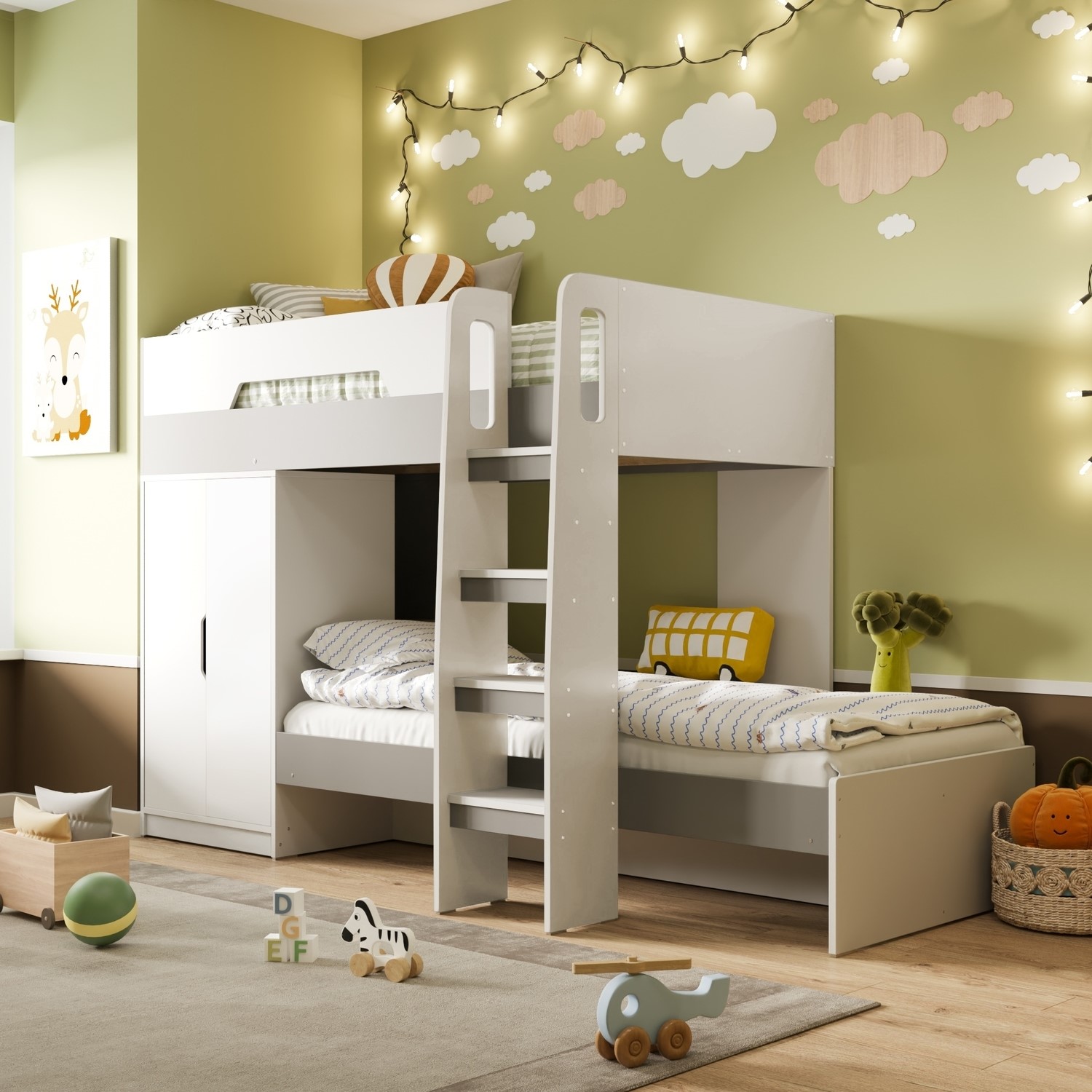 Photos - Kids Furniture Flair White and Grey Bunk Bed with Wardrobe Storage - Benito -  FBENIWG 