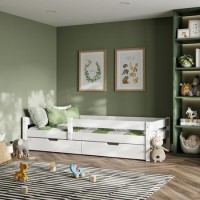 Kids White Wooden Single Bed with Storage Drawers and Bed Guard - Milo - Flair