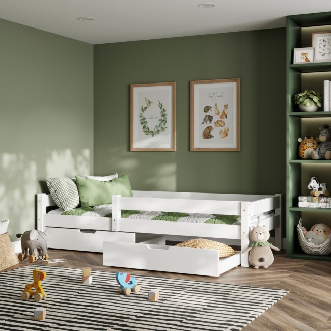 Kids White Wooden Single Bed with Storage Drawers and Bed Guard - Milo - Flair