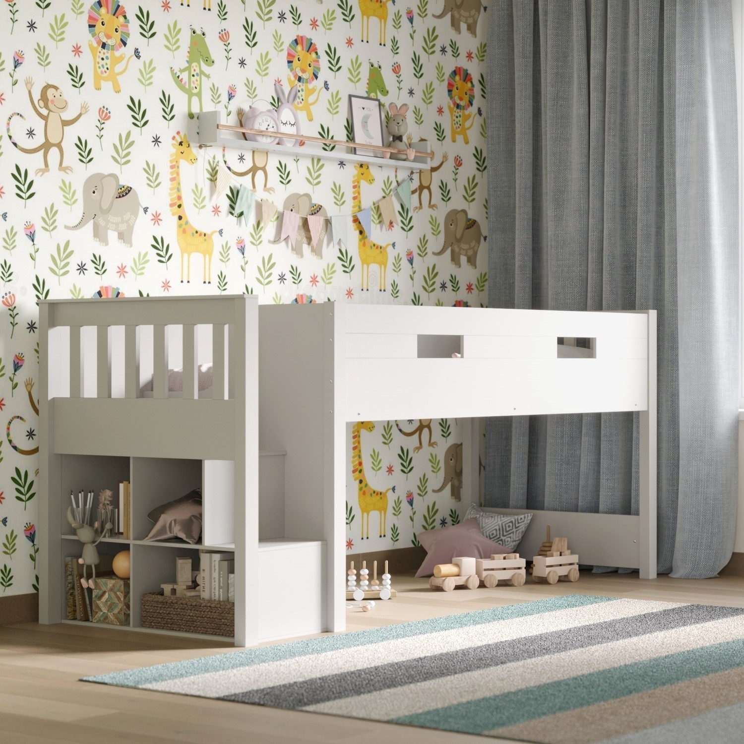 Photos - Kids Furniture Flair White Mid Sleeper Cabin Bed with Storage and Stairs - Charlie -  FFC002 