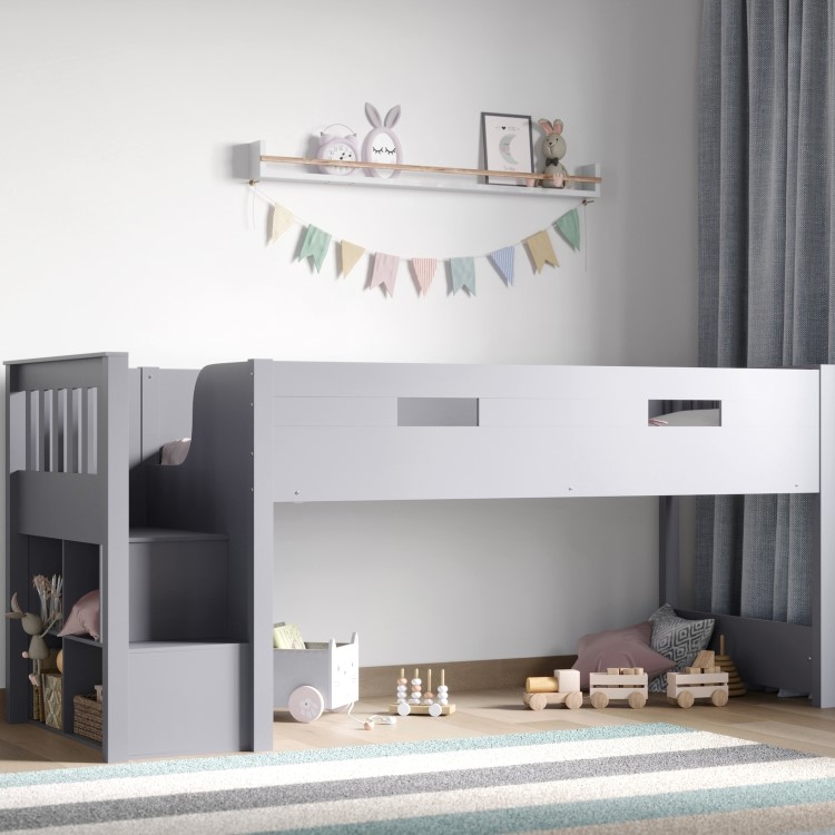 Grey Mid Sleeper Cabin Bed with Storage and Stairs - Charlie - Flair