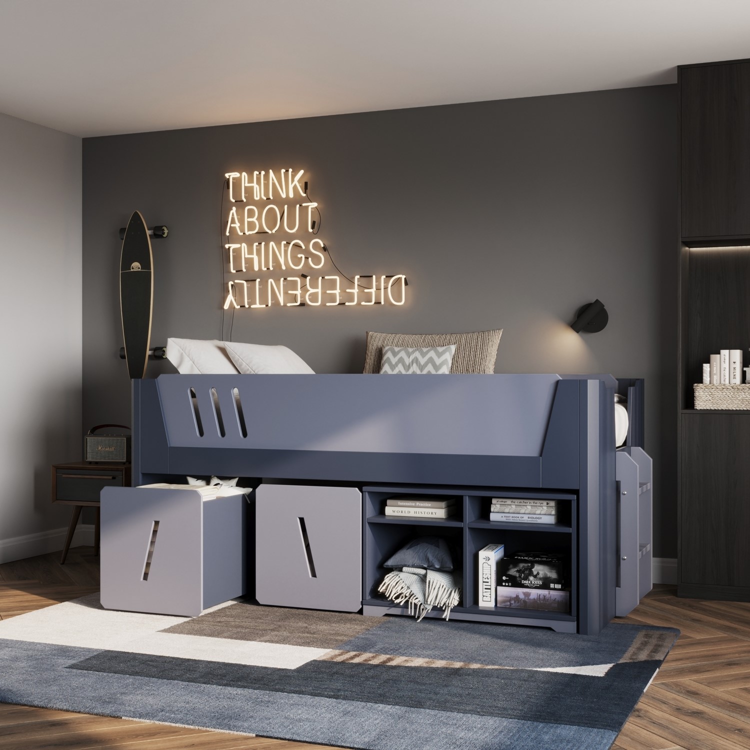 Grey Mid Sleeper Cabin Bed with Storage - Tokyo - Flair - Furniture123