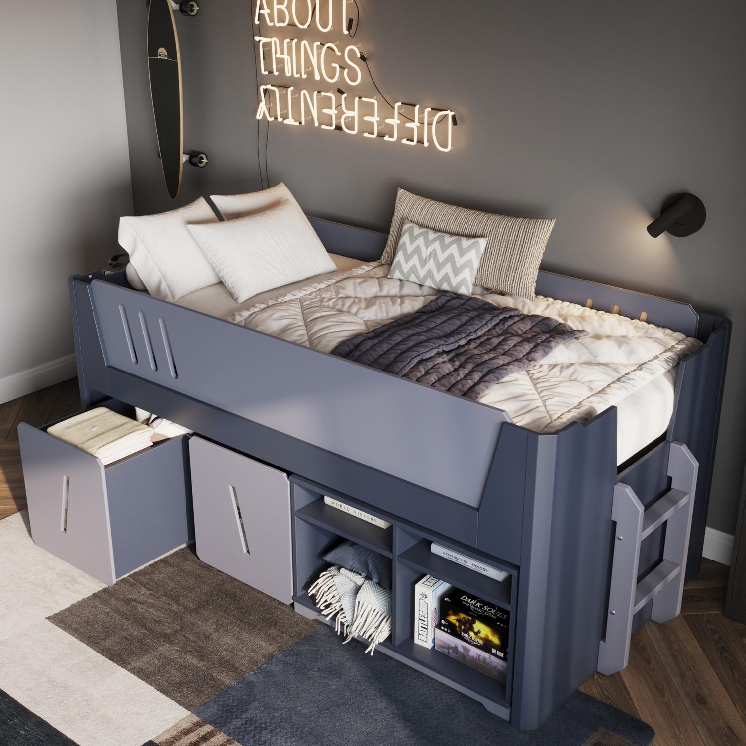 Grey Mid Sleeper Cabin Bed with Storage - Tokyo - Flair - Furniture123