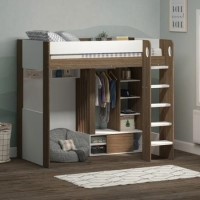 High Sleeper Bed with Wardrobe Storage in White and Walnut - Hampton - Flair