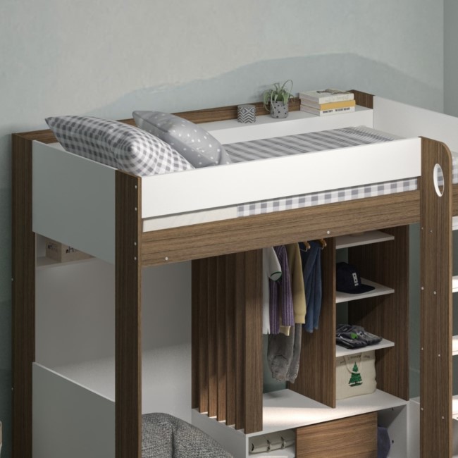 High Sleeper Bed with Wardrobe Storage in White and Walnut - Hampton - Flair