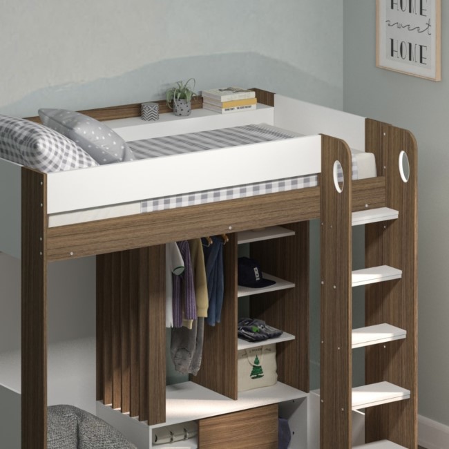 High Sleeper Bed with Wardrobe Storage in White and Walnut - Hampton - Flair