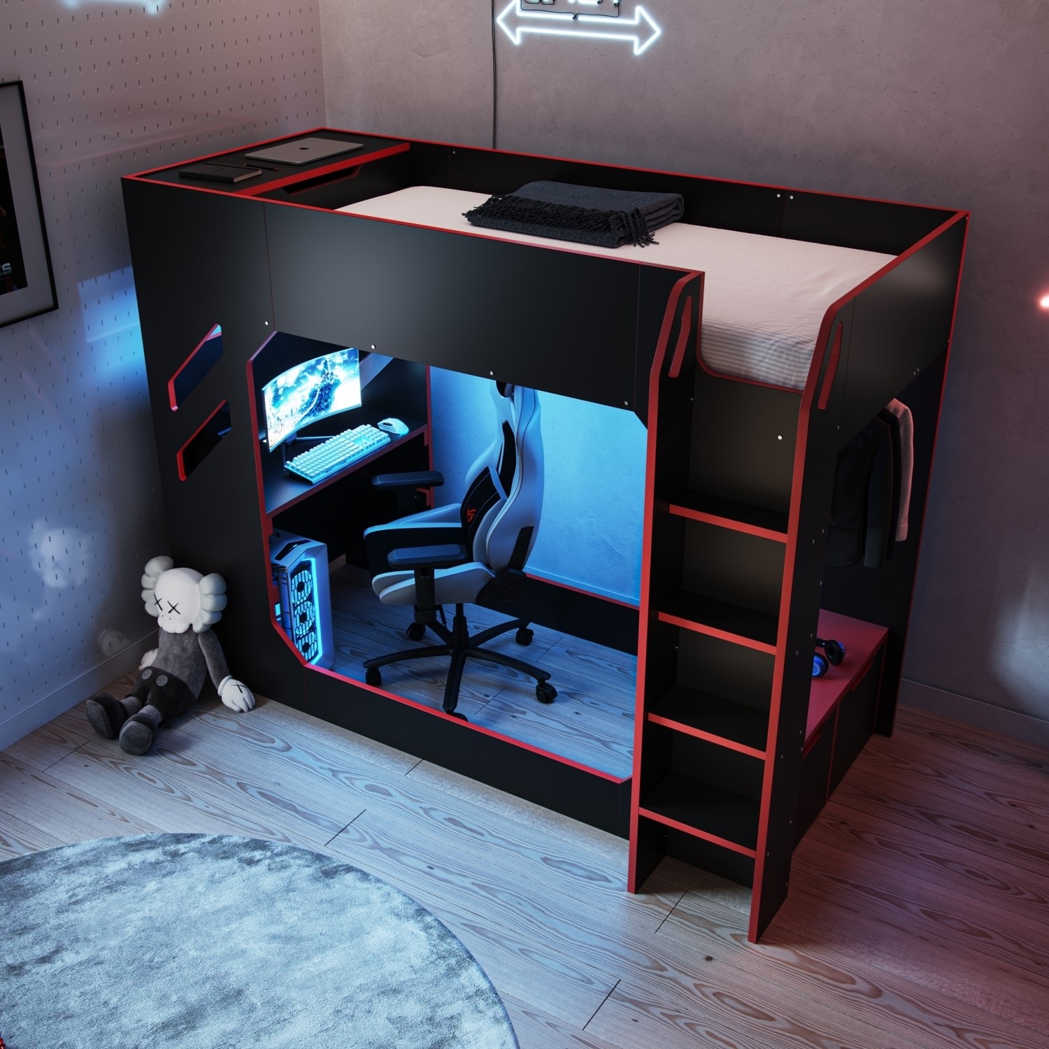 High Sleeper Gaming Bed with Desk and Wardrobe Storage in Black ...