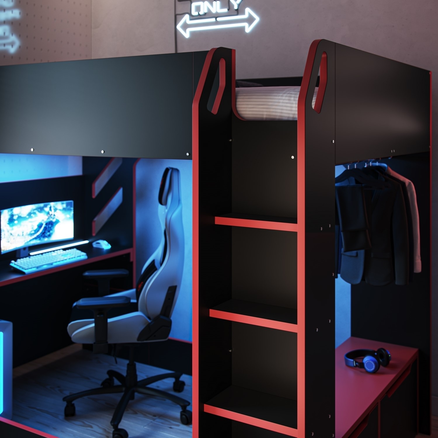 High Sleeper Gaming Bed with Desk and Wardrobe Storage in Black ...