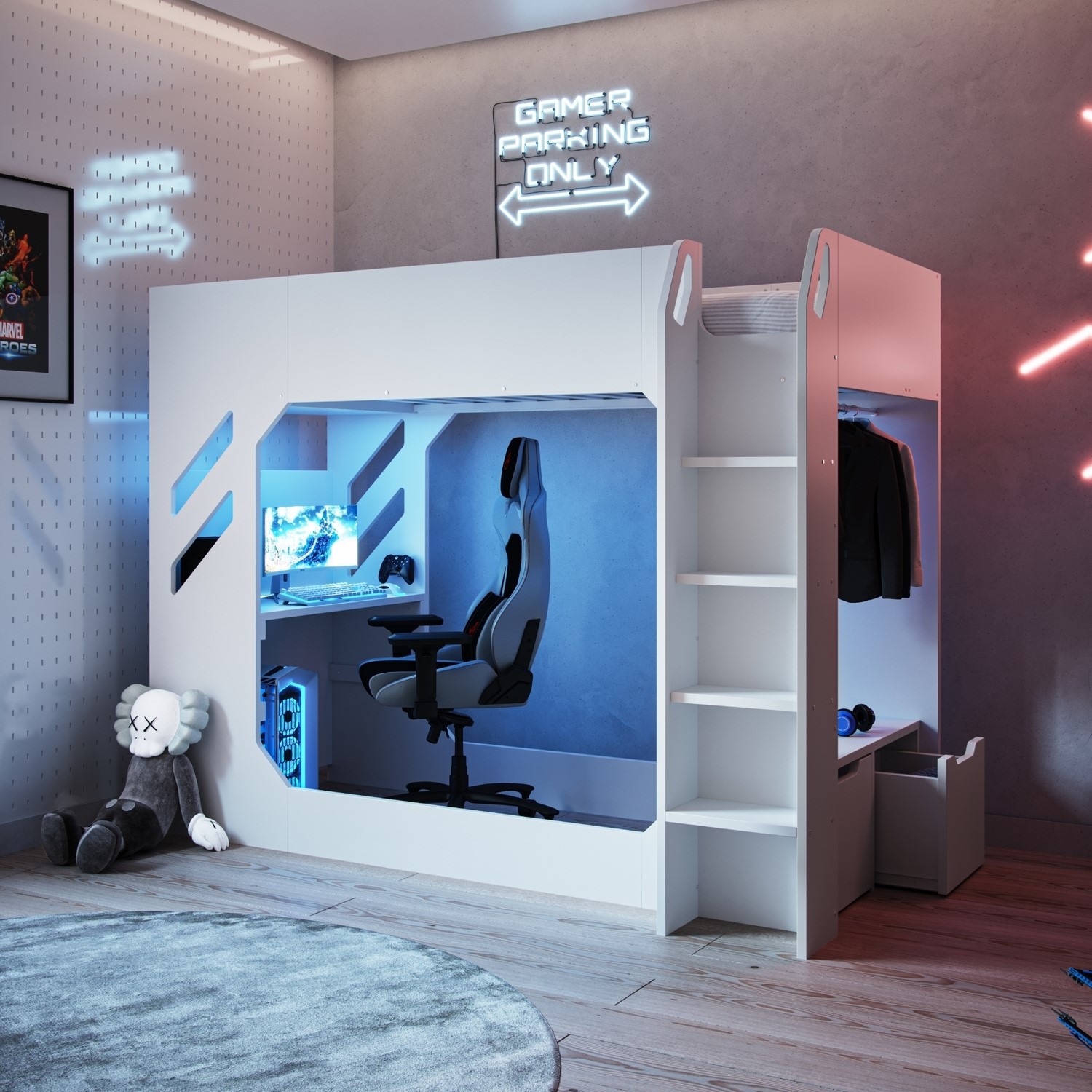 Flair White High Sleeper Gaming Bed With Desk And Wardrobe Storage In - Shuttle - Extra Large