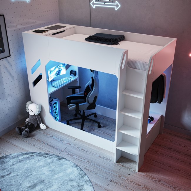 High Sleeper Gaming Bed with Desk and Wardrobe Storage in White - Shuttle - Flair