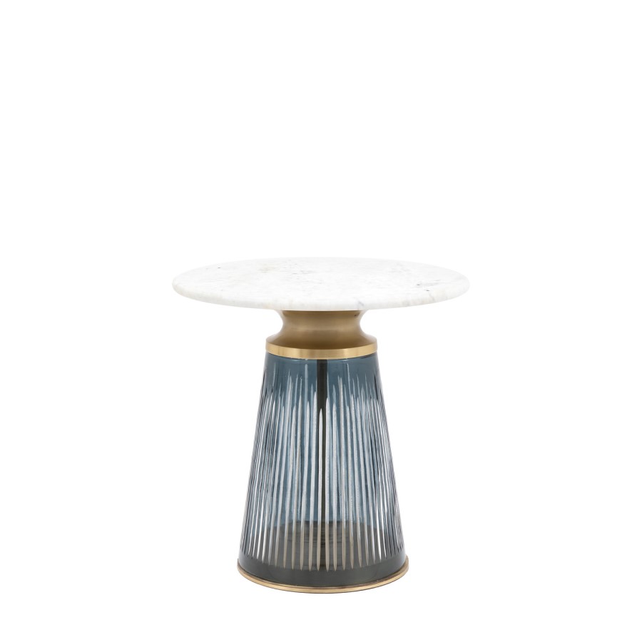 Round Marble with Blue Glass Base Side Table - Seville - Caspian House