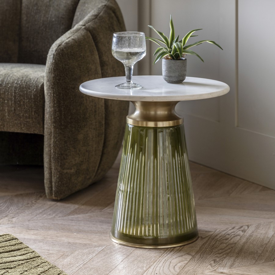 Round Marble with Green Glass Base Side Table - Seville - Caspian House
