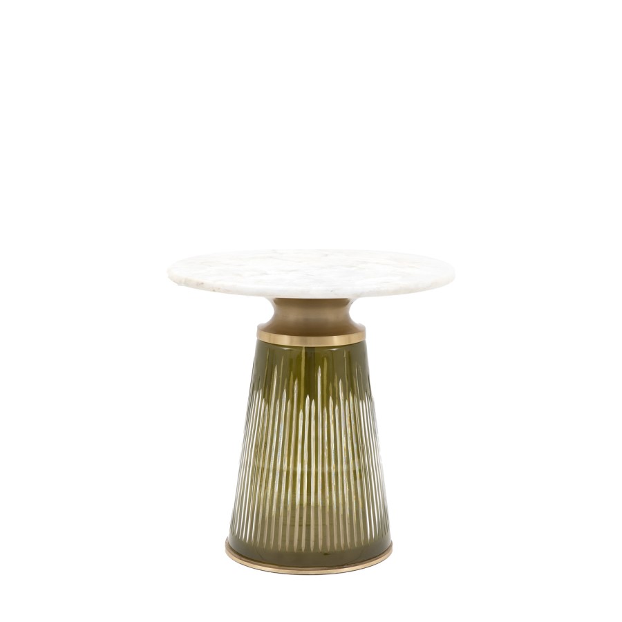 Round Marble with Green Glass Base Side Table - Seville - Caspian House