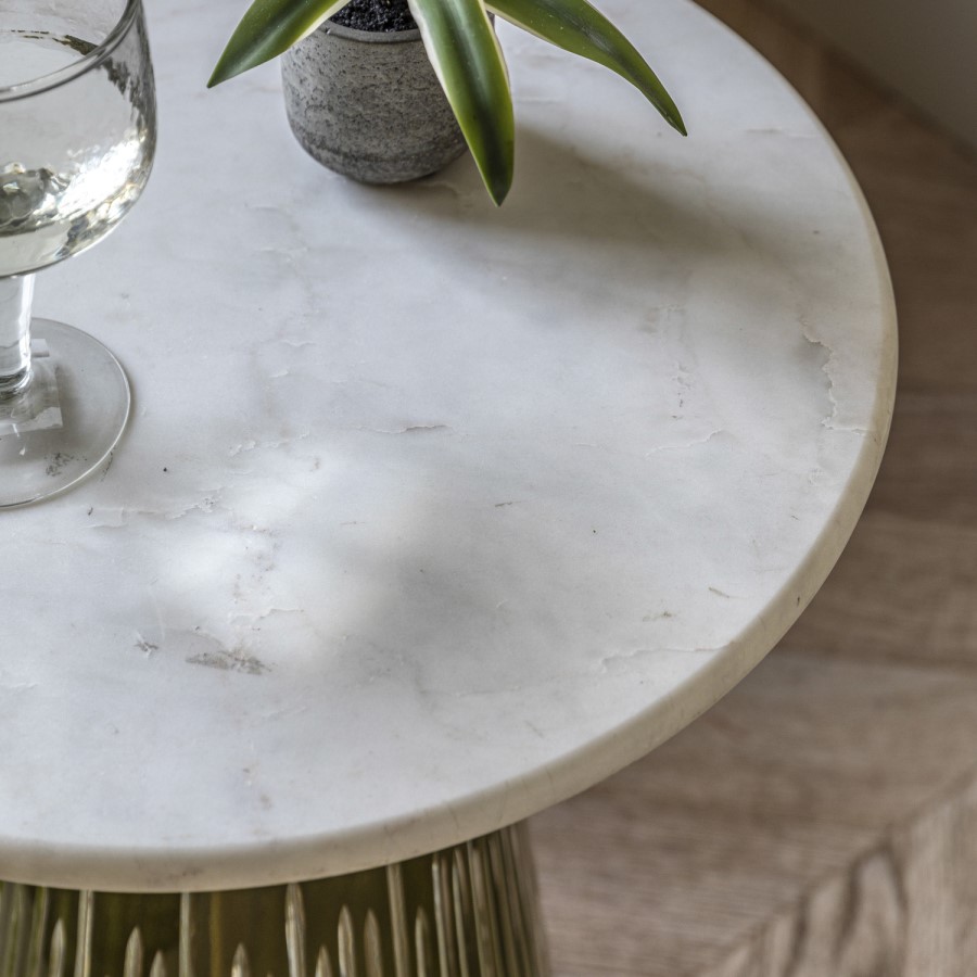 Round Marble with Green Glass Base Side Table - Seville - Caspian House