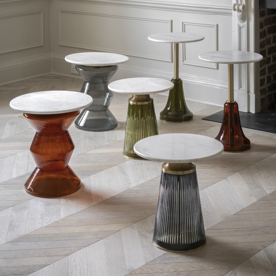 Round Marble with Green Glass Base Side Table - Seville - Caspian House