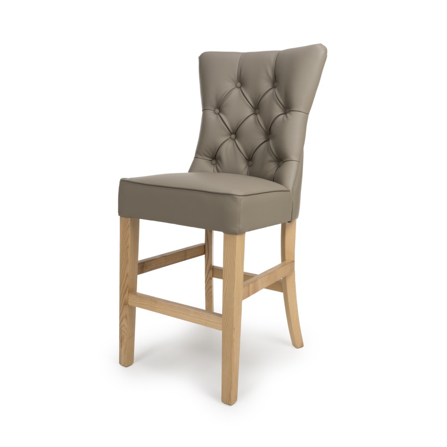 Taupe Faux Leather Kitchen Stool with Buttoned High Back - Alice
