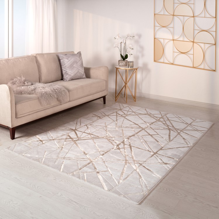 Large Beige Rug with Gold Scoring - 340 x 240 cm - Aurora