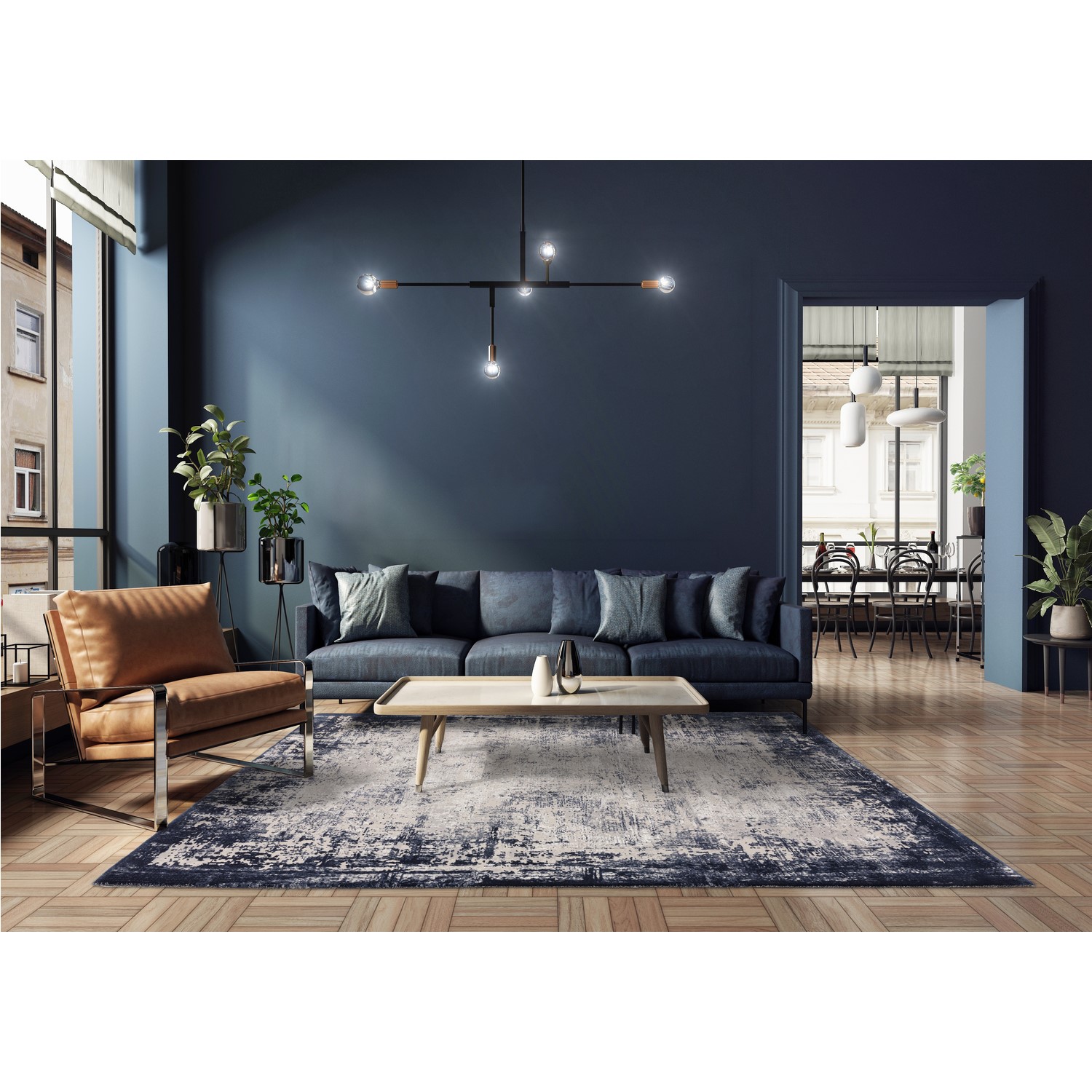 Large Distressed Navy Rug - 340 x 240 cm - Border - Kuza - Furniture123