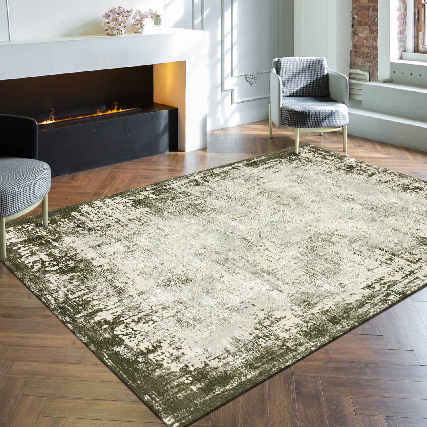 Large Distressed Green Rug - 290 x 200 cm - Border - Kuza - Furniture123