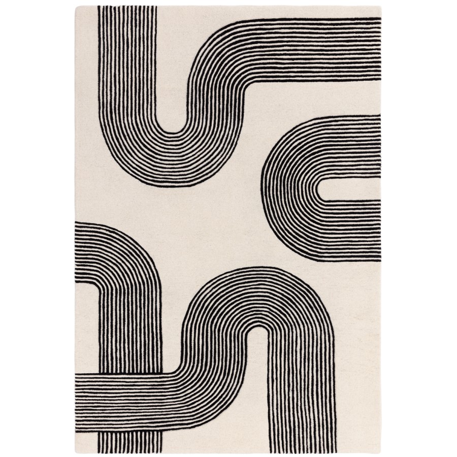 170cm Rug Retro Black & Cream Rug with Abstract Lines - 170 x 120 cm - Arches ...