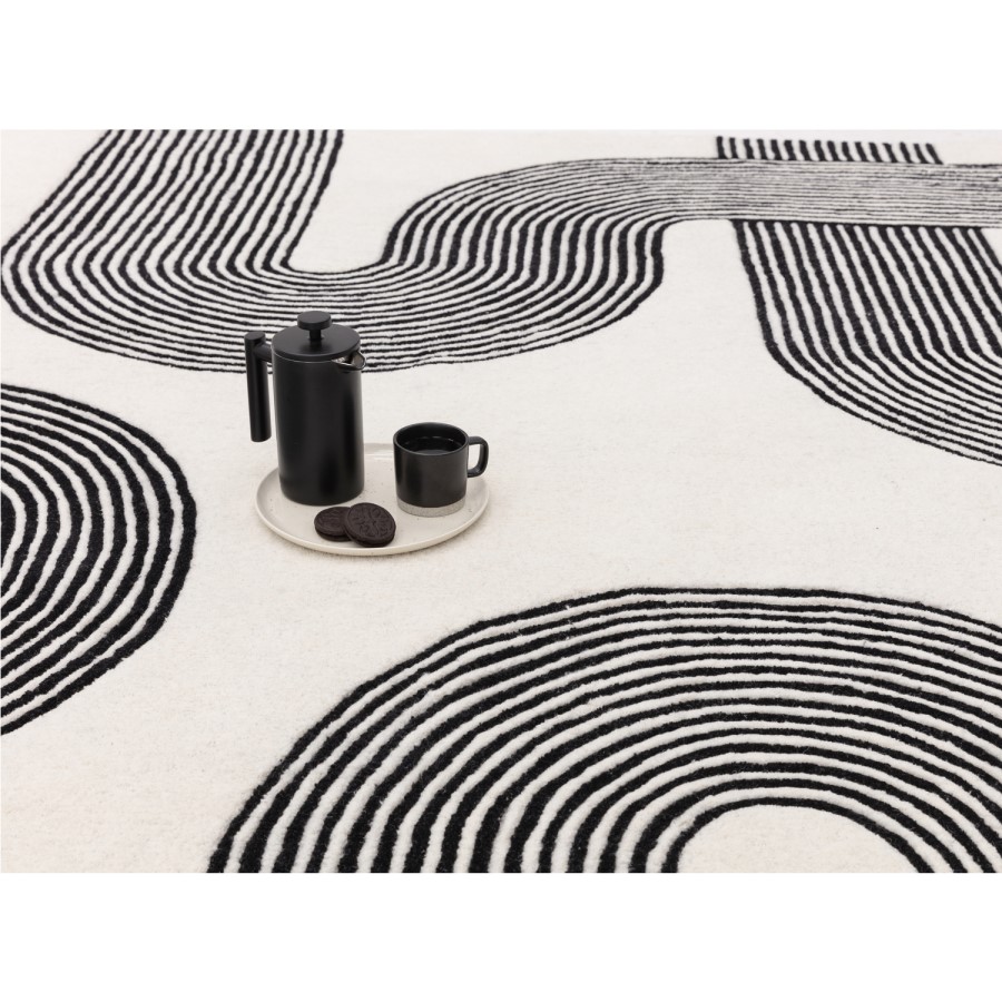 Large Retro Geometric Black & Cream Rug with Abstract Lines - 300 x 200 ...