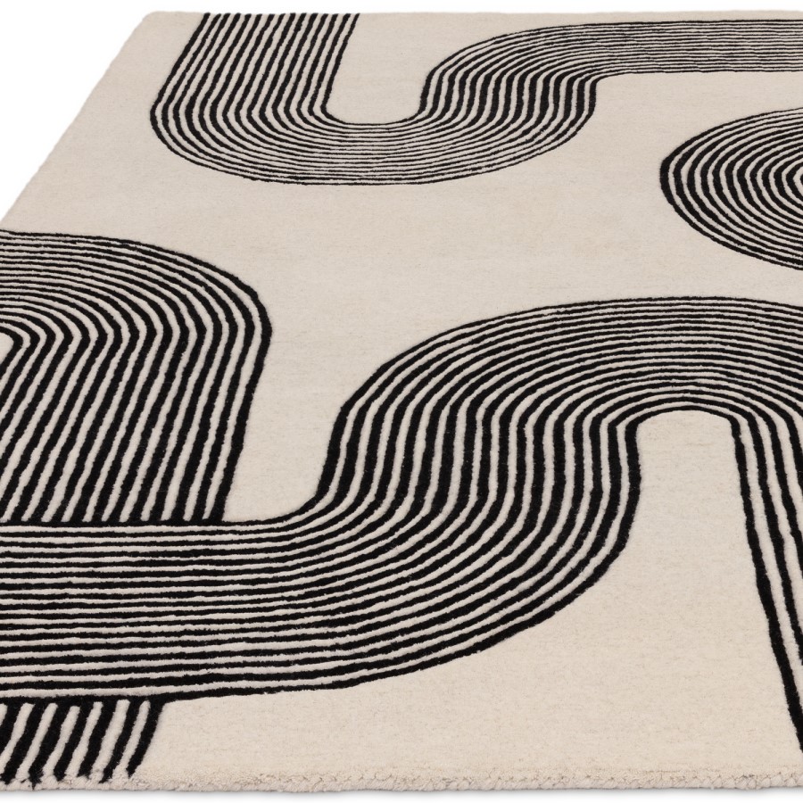 Line Edged Rug Retro Black & Cream Rug with Abstract Lines - 230 x 160 cm - Arches ...